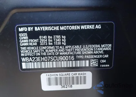 2025 BMW 740I из США, поврежденный, VIN WBA23EH07SCU90016